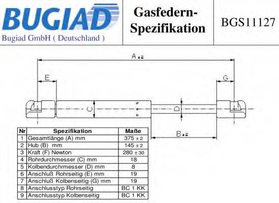 BUGIAD BGS11127 Газова пружина, капот