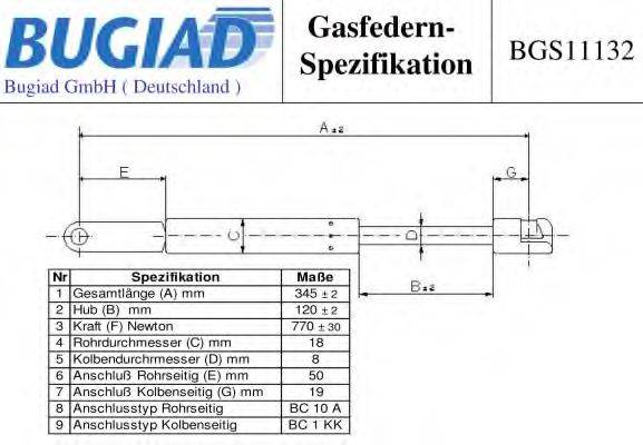 BUGIAD BGS11132 Газова пружина, капот