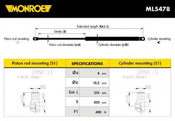 MONROE ML5478 Газова пружина, кришка багажника