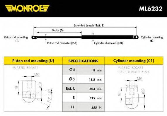 MONROE ML6232 Газова пружина, кришка багажника