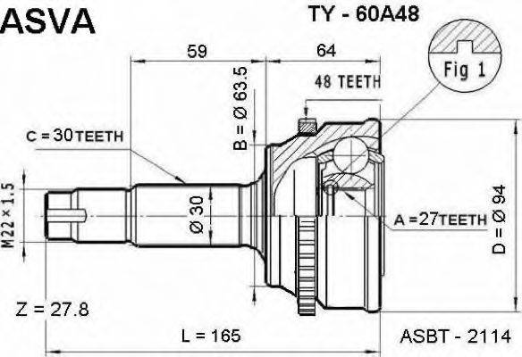 ASVA TY60A48 Шарнірний комплект, приводний вал