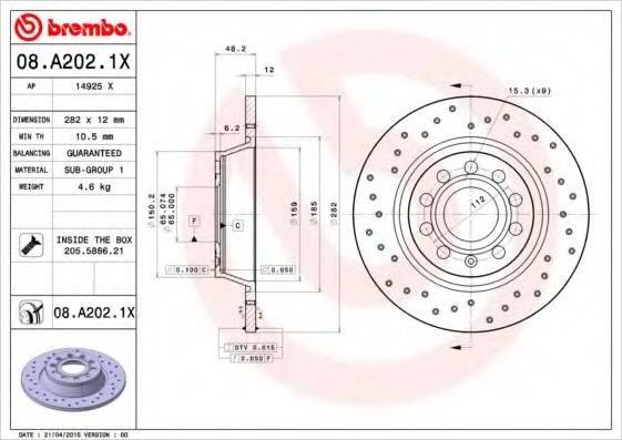 BREMBO 08A2021X гальмівний диск