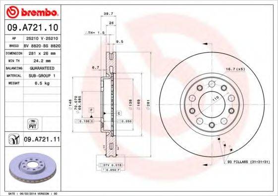 BREMBO 09A72110 гальмівний диск