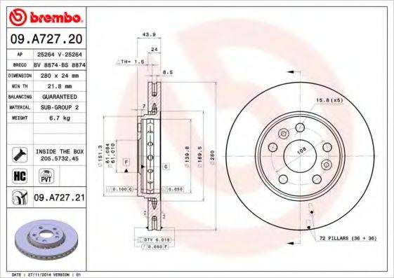 BREMBO 09A72720 гальмівний диск